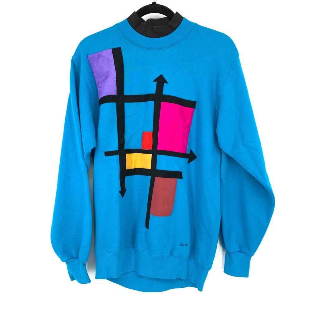 Vintage 80s Dee Bee Suede Applique Double Collared Sweatshirt Blue Sz Large